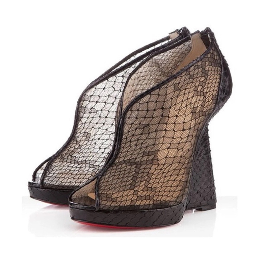 louboutin black python Janet wedge heels women shoes 38 platform us 7.5 open toe